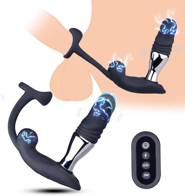 3in1 Elektro Shock Anal Vibrator Penisringe Prostata Stimulator Set mit 10 Teleskop Vibrationsfunktion & 3 Elektrostimulation Modi, Anal Massagegerät SM Extrem Sexspielzeug für Männer Solo